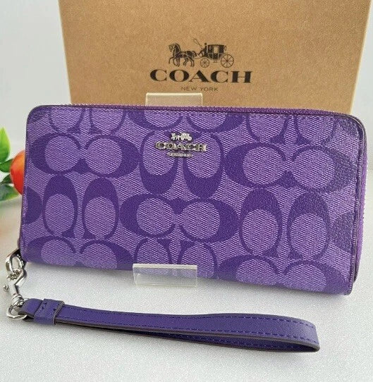 Coach Long Zip Around Wallet with Strap in Purple Signature, C4452