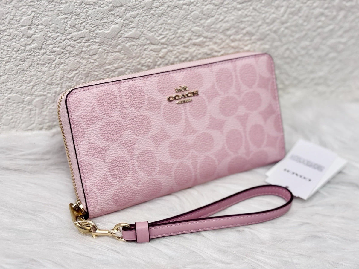 Coach Long Zip Around Wallet in Powder Pink Signature Canvas, CW778